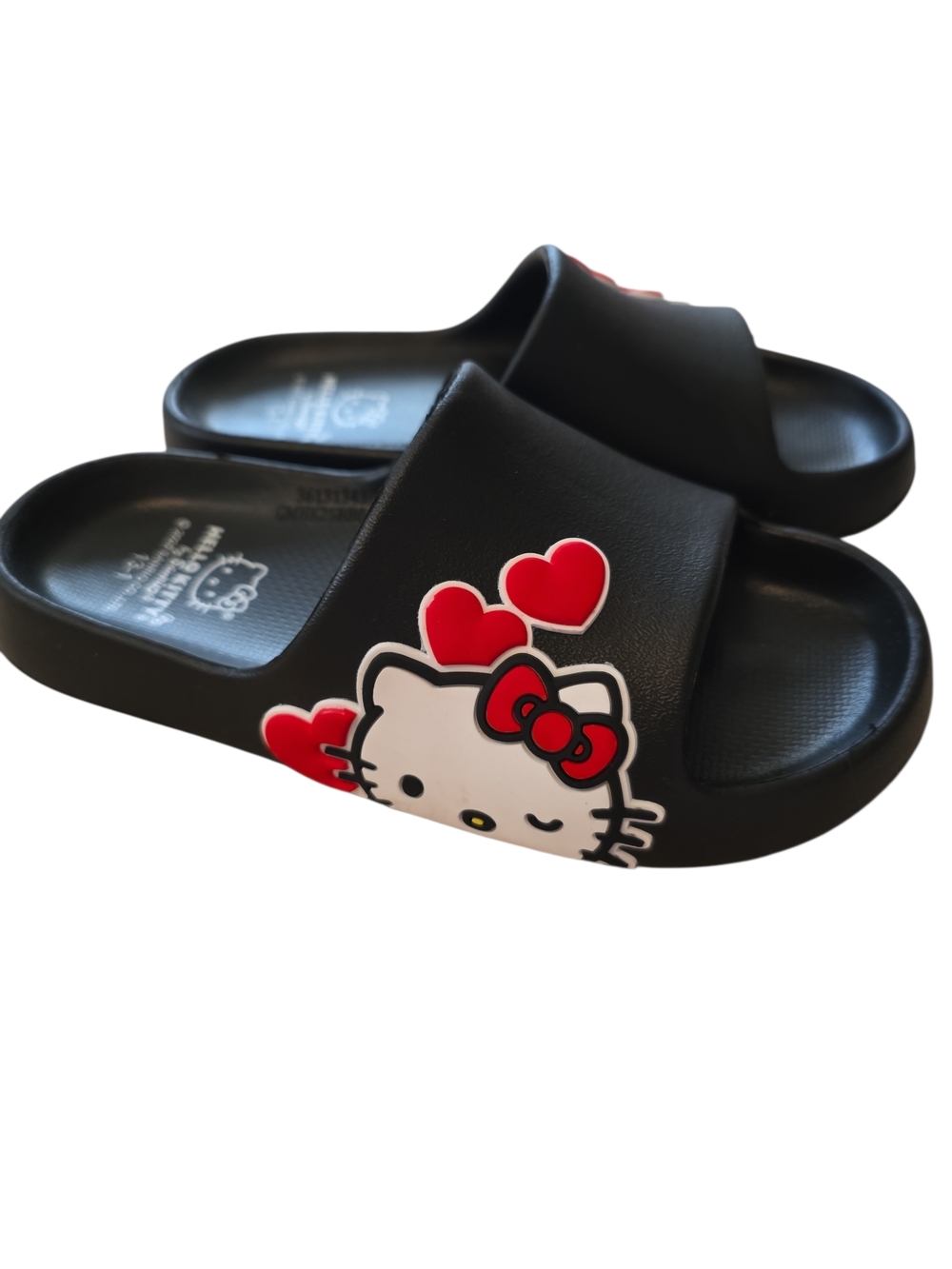 Hello Kitty Black Slide Sandals with Red Hearts - Kids